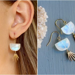 Dangling Rainbow moonstone earrings, spike dangle earrings, gold gemstone earrings, moonstone jewelry, statement earrings, gift for her