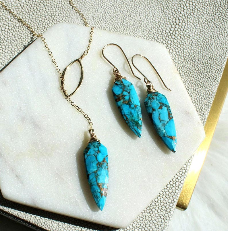 Mojave Turquoise Lariat Necklace & Earrings Set, boho jewelry gift for her, graduation gift, silver or gold image 6