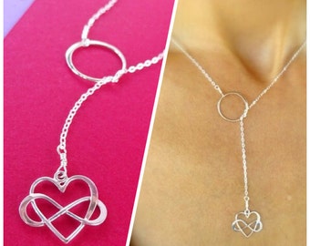 Collana a Y in argento, collana a cuore infinito, regalo per la festa della mamma, collana lariat, collana dell'eternità, collana con fascino del cuore, ti amo regalo