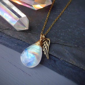 Angel wing charm necklace, Moonstone necklace, rainbow moonstone pendant, bereavement gift, sympathy gift for her, loss of loved on gift image 1