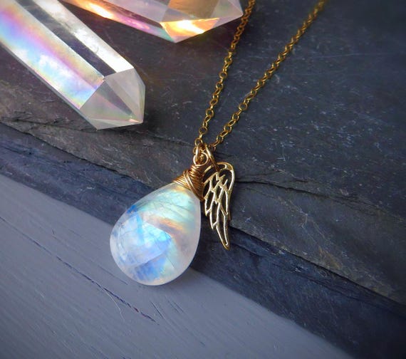 Angel wing charm necklace, Moonstone necklace, rainbow moonstone pendant, bereavement gift, sympathy gift for her, loss of loved on gift