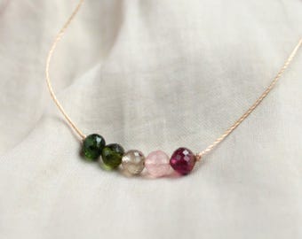 Faceted Watermelon Tourmaline necklace, hand knotted gemstone beads on nylon cord, unisex jewelry gift, boho minimalist necklaces for women