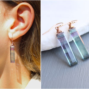 Rainbow Fluorite earrings, linear earrings, custom gemstone earrings, fluorite jewelry, healing crystals, vertical bar earrings, Otis B