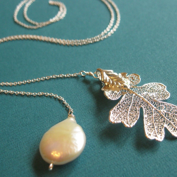 Genuine Silver Oak Leaf and Freshwater Coin Pearl Drop, Mighty Oaks Lariat