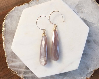 Moonstone statement earrings, chocolate moonstone, long gemstone drop earrings, wire wrapped gem earrings, 14k GF 925 silver dangle earrings