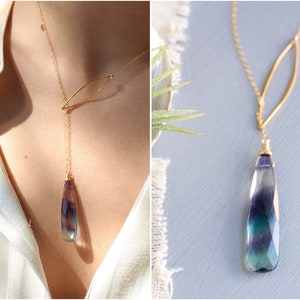 Rainbow Fluorite necklace, Crystal Y necklace, gemstone lariat necklace, fluorite jewelry, long crystal necklace, gemstone gift for her