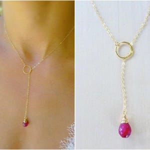 Ruby necklace, lariat necklace, july birthstone, ruby y necklace, bridesmaid gift, gem drop necklace, sterling silver 14k gold filled
