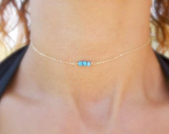 Turquoise Bead Choker: Sterling Silver Gemstone Necklace