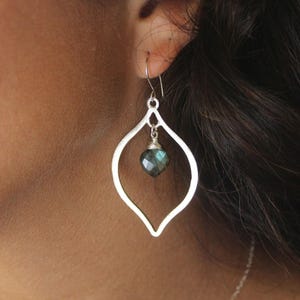 Wire wrapped labradorite earrings, boho statement earrings, gemstone dangle open hoop earrings, long earrings, lightweight lotus earrings