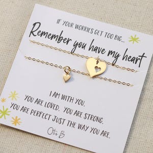 Back to school jewelry, matching set of two Heart charm necklaces for mom daughter, separation anxiety, 925 silver 14k gold fille,waterproof