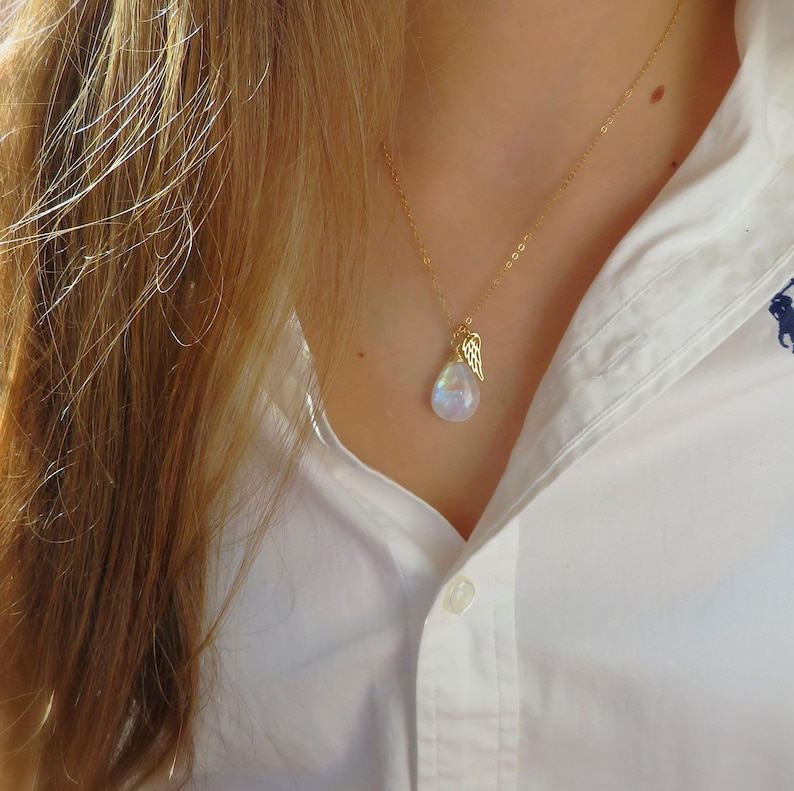 Angel wing charm necklace, Moonstone necklace, rainbow moonstone pendant, bereavement gift, sympathy gift for her, loss of loved on gift image 2