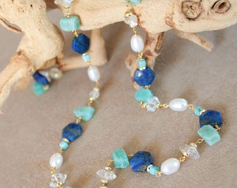 Lapis lazuli & Amazonite beaded chain, herkimer diamond and freshwater pearl chain, gold or silver
