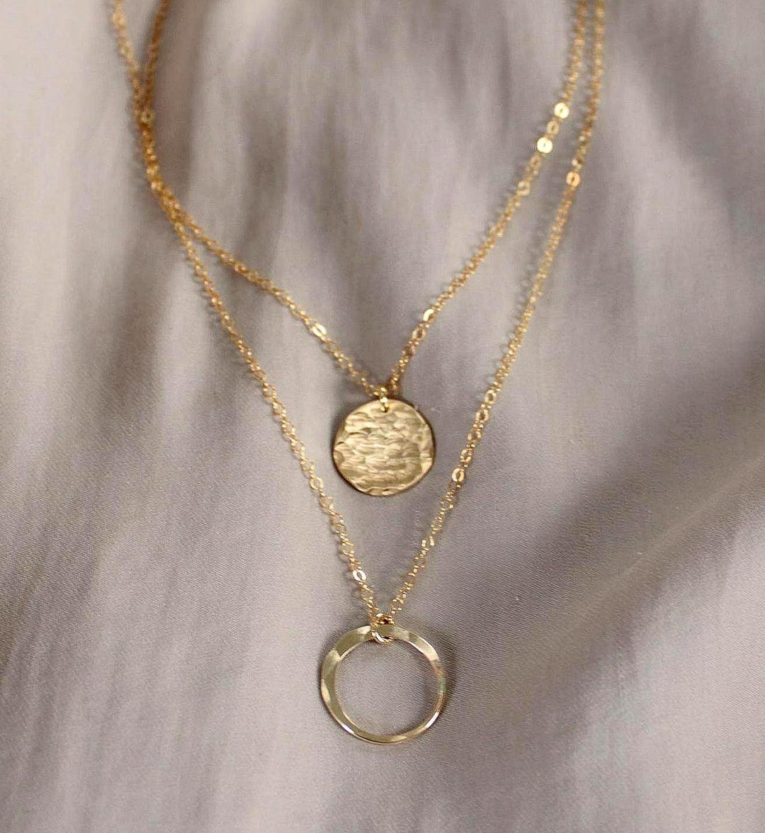 Gold Filled Layered Necklace Set Hammered Disc Circle Charm Two gold-filled-layered-necklace-set-hammered-disc-circle-charm-two