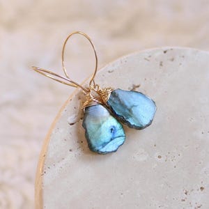 Raw Labradorite earrings, semiprecious gemstone dangle earrings, handmade jewelry gift for her, small hoop earrings, wire wrapped stones