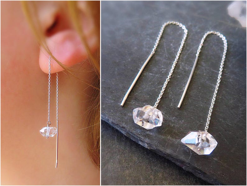 Sterling Silver Herkimer Diamond Threader Earrings, Raw Crystal Jewelry, April Birthstone image 1