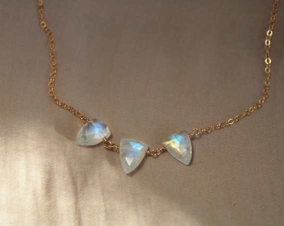 Rainbow Moon stone three stone Necklace, Dainty Gemstone Jewelry, June Birthstone gift for her, Gemini gift for women