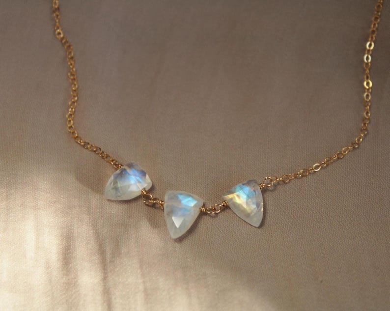 Rainbow Moon stone three stone Necklace, Dainty Gemstone Jewelry, June Birthstone gift for her, Gemini gift for women image 1