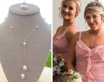 Pearl necklace & earring set, bridesmaid gift, pearl jewelry for bride, pearl drop necklace, crystal + pearl earrings, maid of honor gift