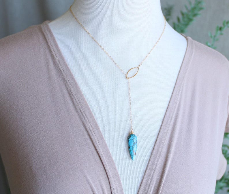 Mojave Turquoise Lariat Necklace & Earrings Set, boho jewelry gift for her, graduation gift, silver or gold image 4