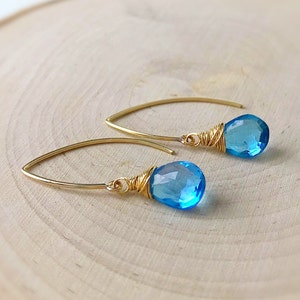 Natural gem dangle earrings, gemstone earrings, birthstone earrings, gift for her, gemstone drop earrings, blue topaz, wire wrapped stones