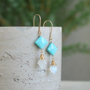 ARIZONA turquoise earrings, moonstone dangle earrings, wire wrapped gemstone earrings, blue stone earrings, geometric diamond shape image 2