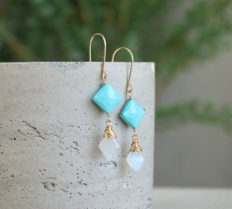 ARIZONA turquoise earrings, moonstone dangle earrings, wire wrapped gemstone earrings, blue stone earrings, geometric diamond shape image 2