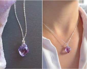 Amethyst crystal necklace, raw amethyst pendant, February birthday gift for her, aquarius birthstone