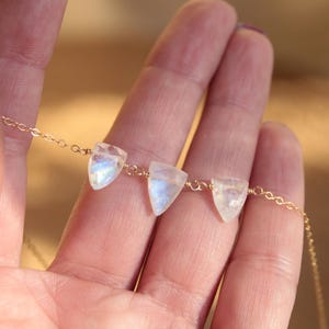 Rainbow Moon stone three stone Necklace, Dainty Gemstone Jewelry, June Birthstone gift for her, Gemini gift for women image 8