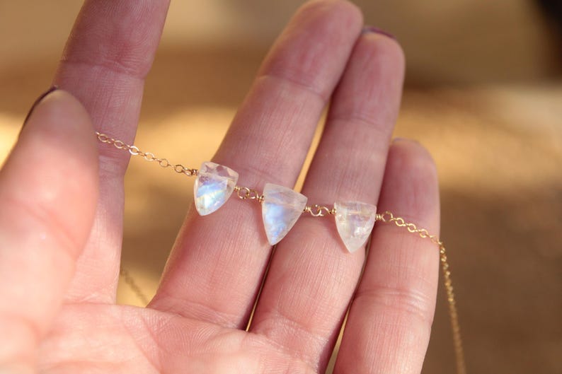 Rainbow Moon stone three stone Necklace, Dainty Gemstone Jewelry, June Birthstone gift for her, Gemini gift for women image 8