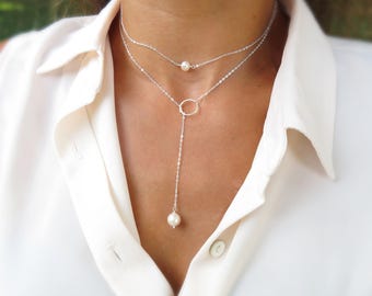 Minimal Pearl Y necklace, layered freshwater pearl necklaces for bridesmaids wedding jewelry everyday natural pearl jewelry, 2 necklace set
