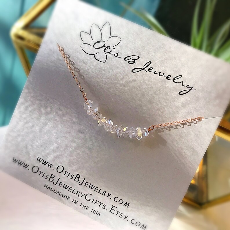 april birthstone carrie diamond necklace raw crystal necklace minimalist necklace rose gold gem bar Herkimer Diamond bar necklace