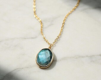 Labradorite Pendant Necklace, Gold Chain, Blue Flash Gemstone, boho layer necklaces for women