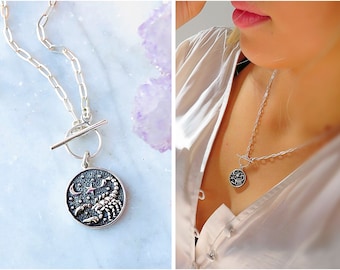 Sterling silver Zodiac necklace, celestial jewelry, Leo Zodiac coin medallion toggle necklace, birthday gift for her, august birthday gift