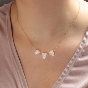 Rainbow Moon stone three stone Necklace, Dainty Gemstone Jewelry, June Birthstone gift for her, Gemini gift for women image 3