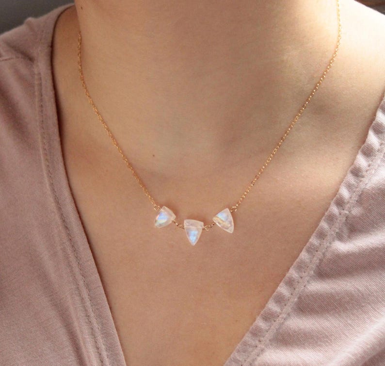 Rainbow Moon stone three stone Necklace, Dainty Gemstone Jewelry, June Birthstone gift for her, Gemini gift for women image 3