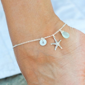 Personalized ankle bracelet, silver anklet, starfish charm anklet with initial, bridesmaid gifts, beach wedding, summer jewelry gift for her