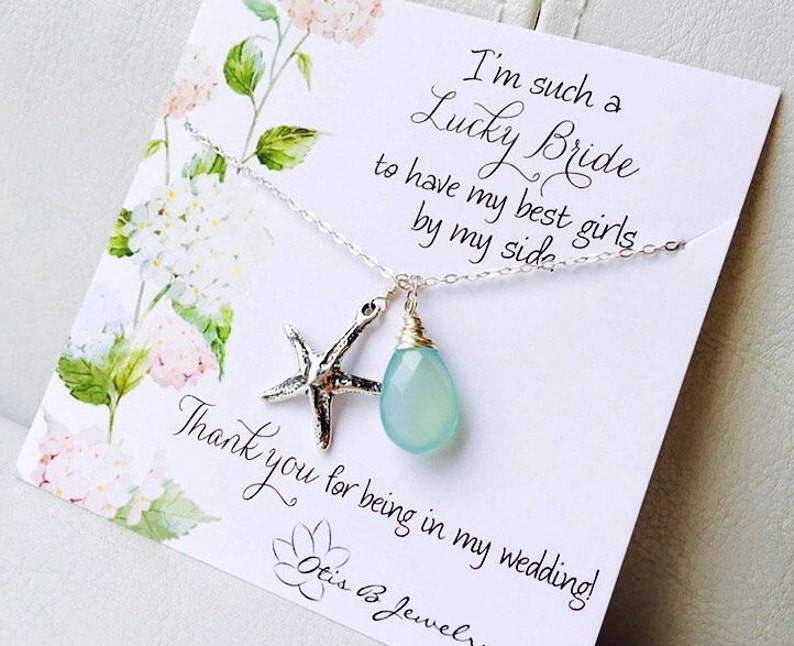 Bridesmaid necklace gift, Starfish necklace, bridesmaid gift,destination wedding,Y necklace, aqua jewelry for bridesmaids,maid of honor gift image 1
