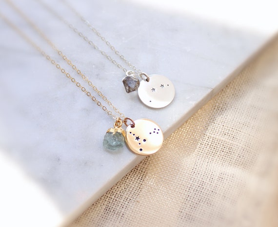 Constellation Birthstone Charm Necklace, Natural Gems, Custom Star