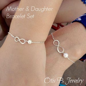 Two bracelet set for mom & daughter, matching infinity bracelets for mother daughter, first day of school gift for her, sterling silver