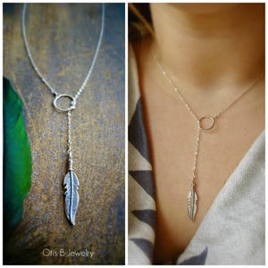 Sterling Silver Feather Lariat Necklace, Boho Y Necklace