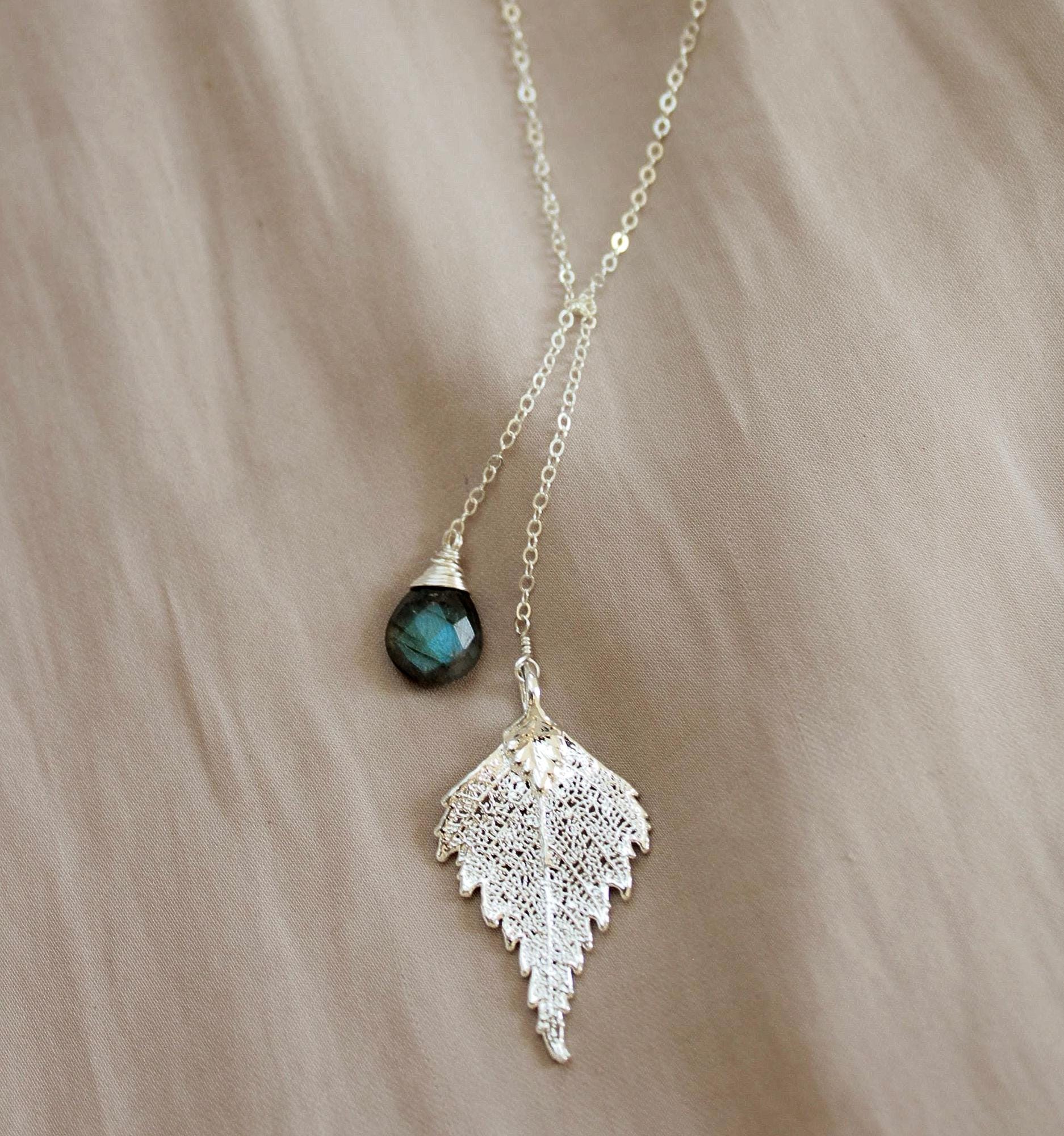 Leaf necklace with custom stone, nature inspired jewelry, boho necklaces for women,