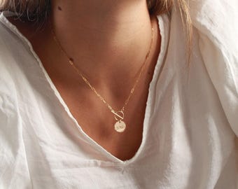 Personalized coin charm necklace, Hand stamped initial tag, gold filled toggle necklace, paperclip necklace, custom jewelry gift for her