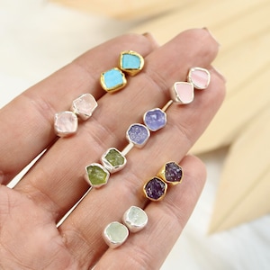 Petite raw stone stud earrings, rough gemstone earrings, sterling silver bezel set crystals, minimal crystal stud earrings, raw birthstones image 1