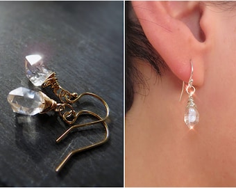 Herkimer earrings, dainty little raw crystal earrings, herkimer diamond earrings, bridesmaid gift, wedding jewelry, gift for aries sign