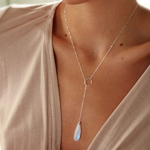 Long Moonstone Y Necklace, Gemini birthday gift for her, bridal jewelry, June birthstone necklace, genuine rainbow moonstone pendant image 5