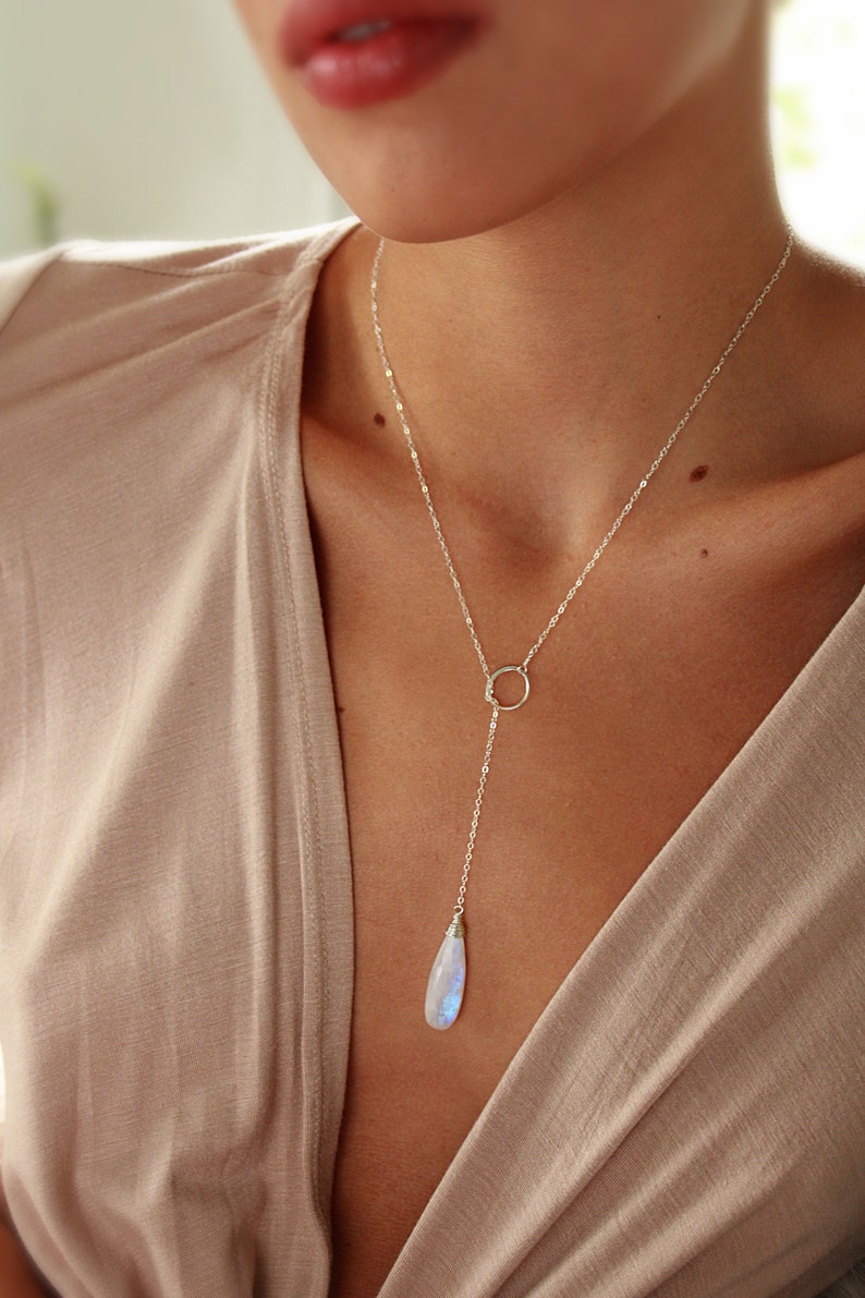 Long Moonstone Y Necklace, Gemini birthday gift for her, bridal jewelry, June birthstone necklace, genuine rainbow moonstone pendant image 5