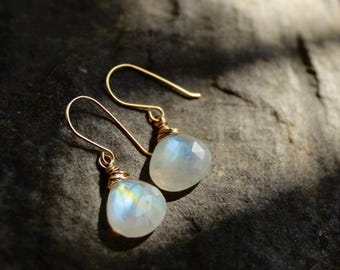 Rainbow moonstone earrings, dainty dangling moon stone earrings, June birthstone, gemini gift for her