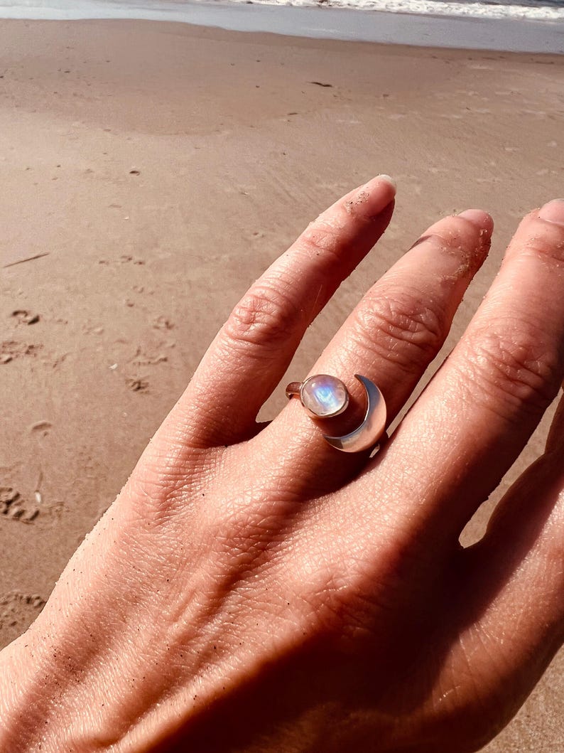 Sterlingzilveren maansikkel maansteenring, Tweeling cadeau, juni geboortesteen sieraden cadeau voor haar, hemelse sieraden, ringen voor vrouwen afbeelding 2