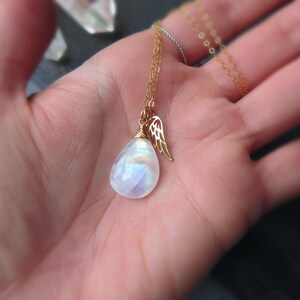 Angel wing charm necklace, Moonstone necklace, rainbow moonstone pendant, bereavement gift, sympathy gift for her, loss of loved on gift image 3