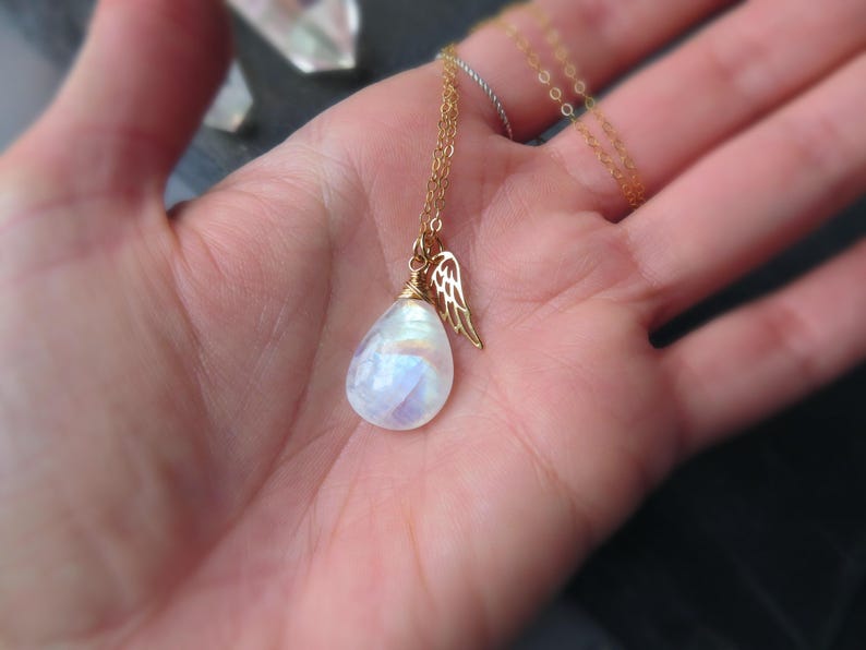 Angel wing charm necklace, Moonstone necklace, rainbow moonstone pendant, bereavement gift, sympathy gift for her, loss of loved on gift image 3